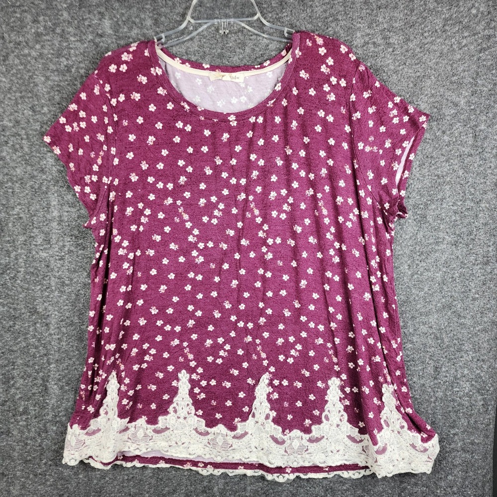 Rewind‎ Floral Lace Hem Top Womens 3X Plum Burgundy Short Sleeve NHP58657NJ